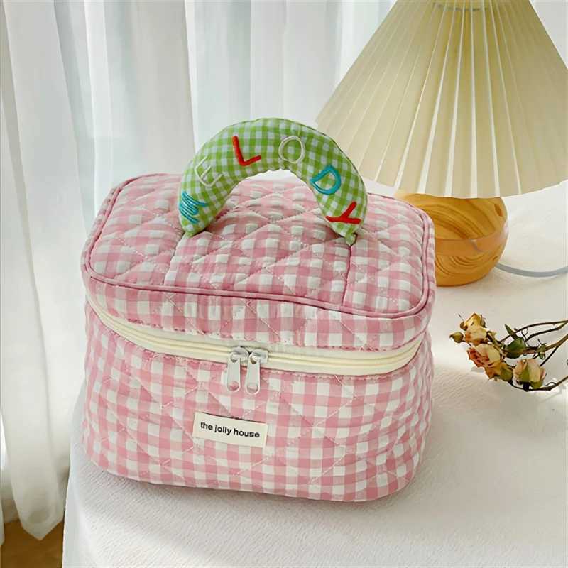 1pc cute color ctrast check delie bucket makeup bag for ladies outdoor travelXJ241206