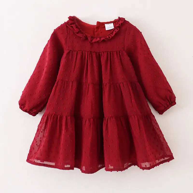 Girlymax Fall Baby Girls Kids Children Clothes Dark Red Swiss Dot Dress Knee Length Tutu Skirt Long SleeveXJ241206