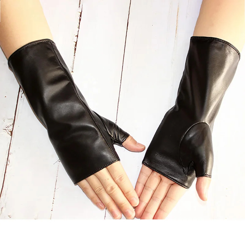 Long sheepskin half finger gloves womens leather car driving mens outdoor motorcycle no finger sun protection 241206