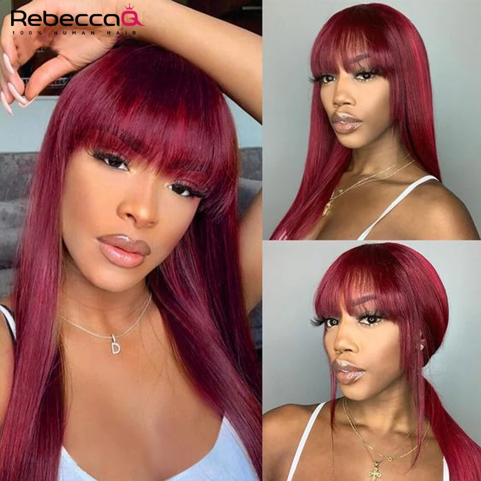 Wear a 99J wig Burg red boned straight hair wig with bangs suitable for Brazilian women Remy hair colorful Halloween cosplay wig 241206