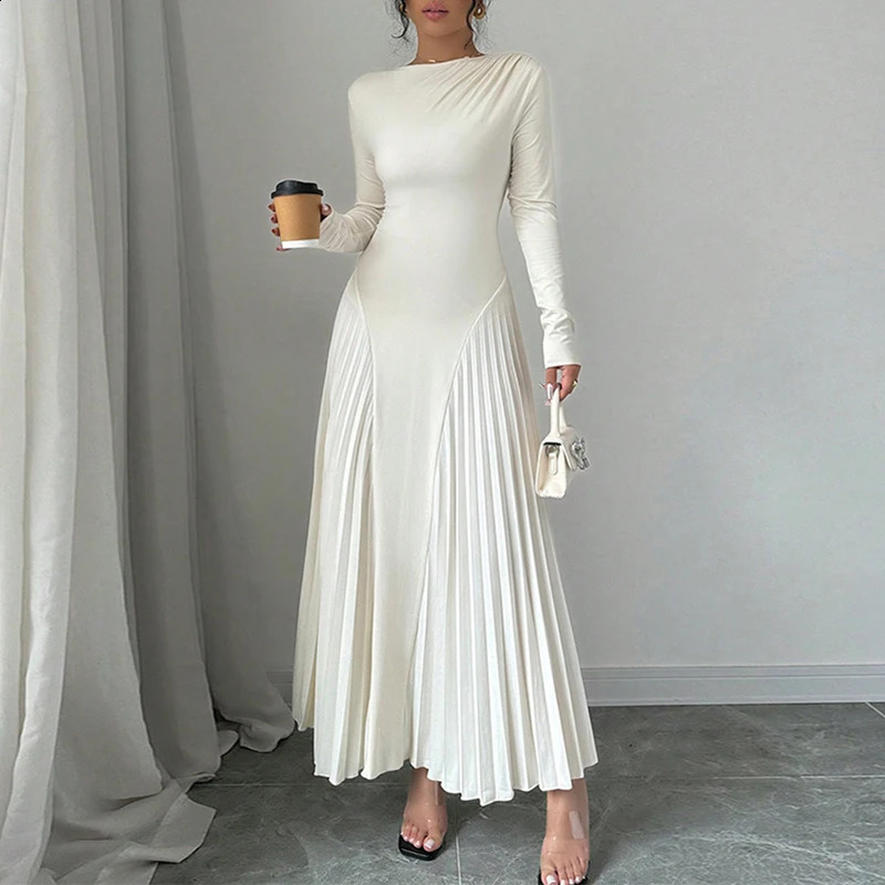 Autumn and Winter Simple Solid Color Knitted Dress Womens O-neck Long Sleeve Folded Office Dress Elegant Ultra Thin Robe Dress Vestido 241205
