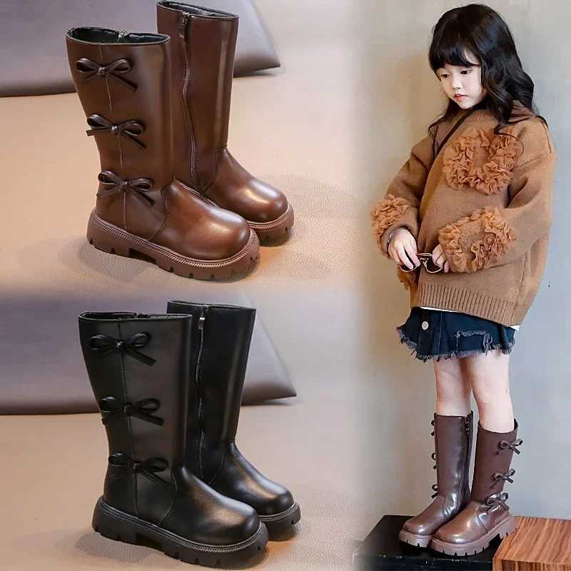 Girls Mid-Calf Boots Solid Color Versatile Children Long Boots with Bows 2024 Autumn New Fashion Princess Boots with Side ZipperXJ241206