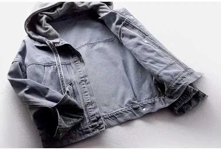 Spring and Autumn Long sleeved Hooded Womens Denim Jacket Korean Large Pocket Jeans 241206