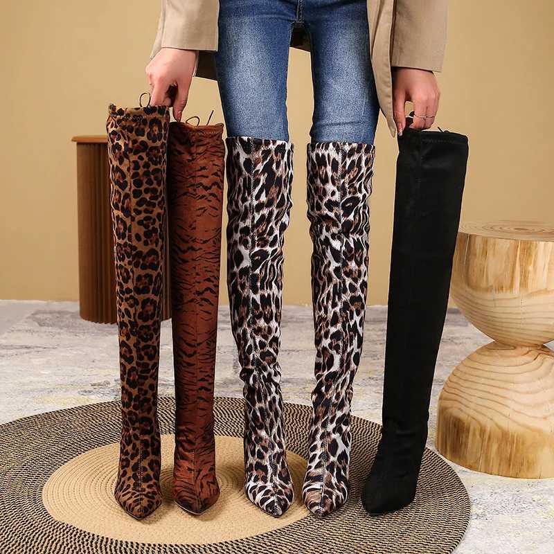 High Quality Womens Fi leopard print knee high boots autumn and winter high boots Pointed Toe Streh fabric womens high H Bottes women T241206