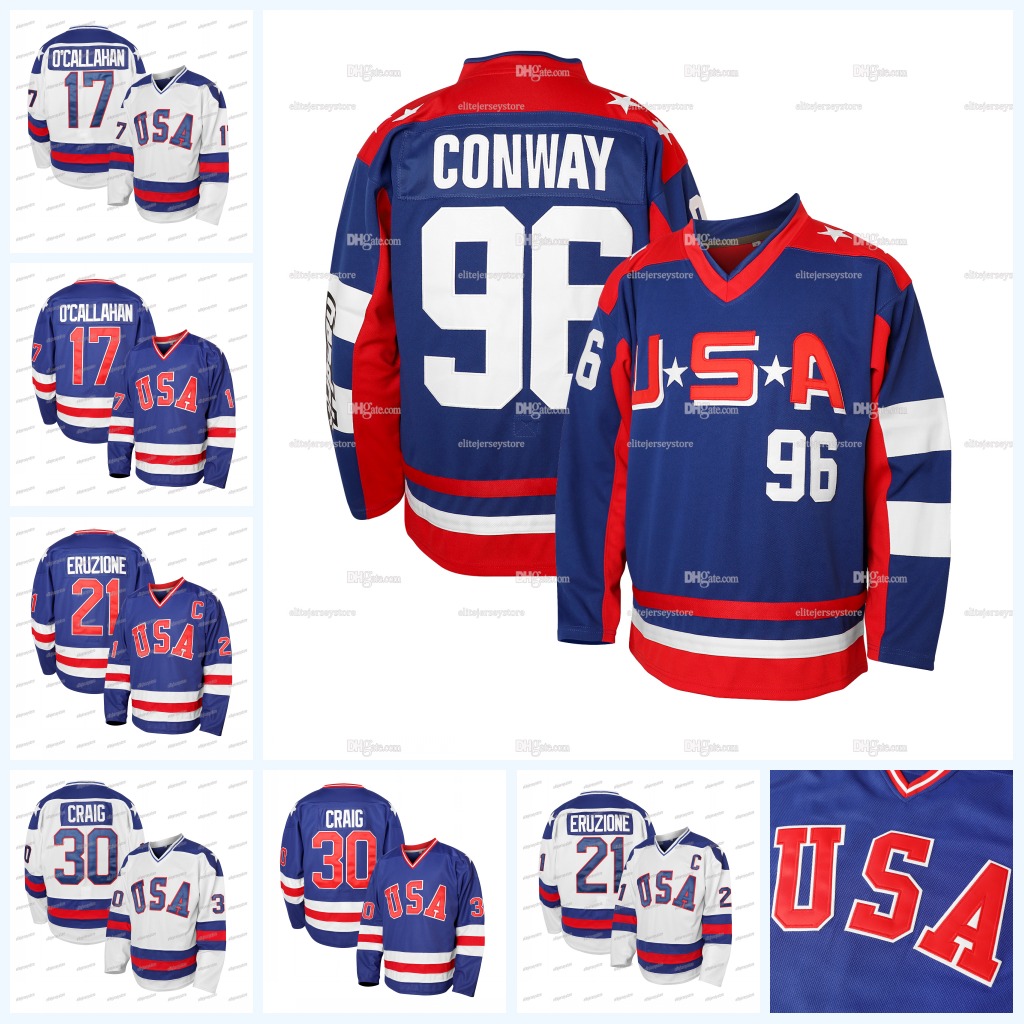 In Stock Men's 1980 USA Ice Hockey Jerseys 96 CONWAY 21 Eruzione 30 Craig 17 Ocallahan Stitched Fast Shipping Polyester Retro Classic Sportswear