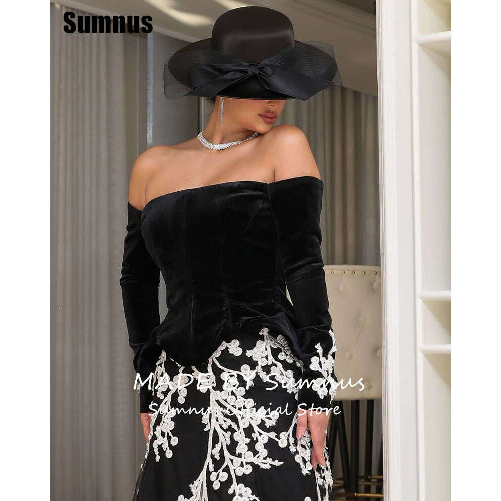 Sumnus Black A-e Velour Prom Dresses Elegant Off Shoulder Evening Dress or Length Backless Applique Formal Gown Customized