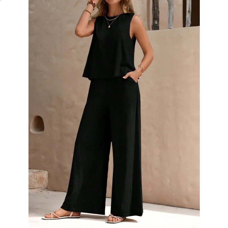 2 Piece Set Summer Womens Sleeveless Ruffle Tank Top and High Waist Wide Leg Pants Casual Loose Solid Color 241205