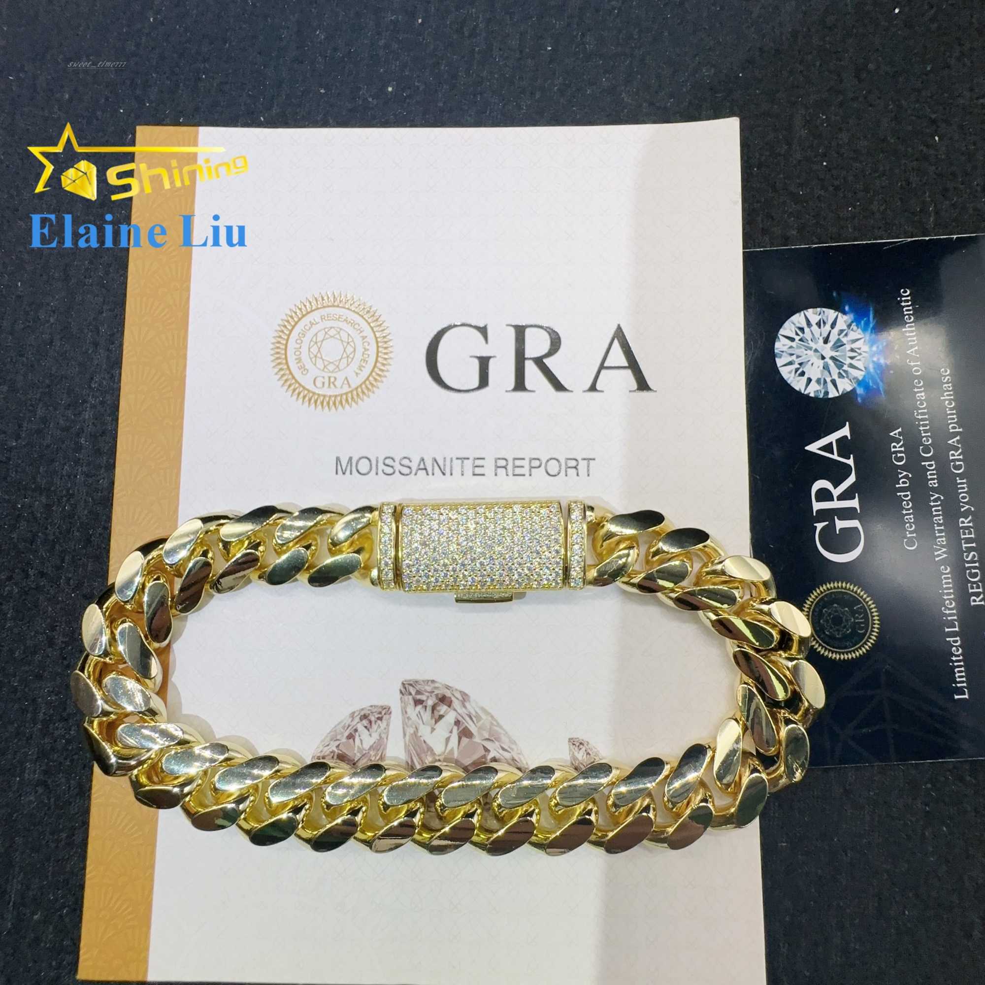 Fashion Sterling Silver 925 VVS Moissanite Lab Diamond Clasp Hip Hop Jewelry 14K Real Gold Plated Cuban Link Chain Bracelet