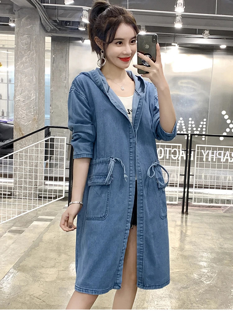 Fitting Drawstring Long Strap Denim Jacket Womens Fashion Style Pocket Hooded Jeans Clothing 2024 241206