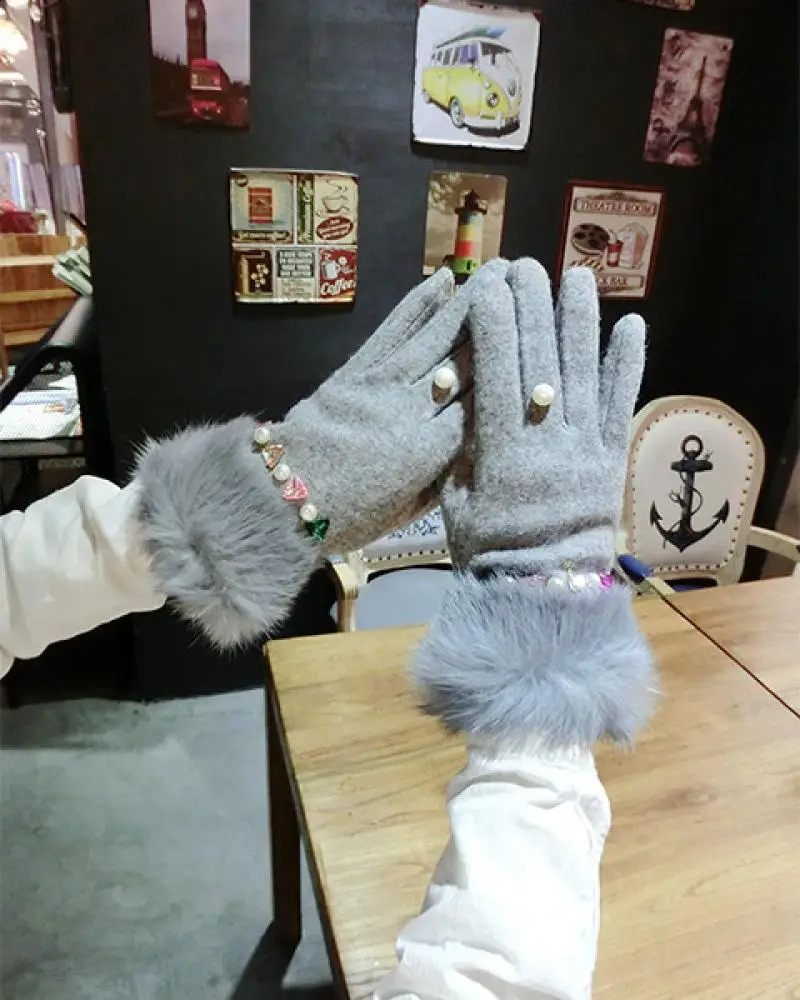 Colorful rhinestone sparkling diamond wool cashmere gloves Korean fashion five finger warm touch screen gloves for women 241206
