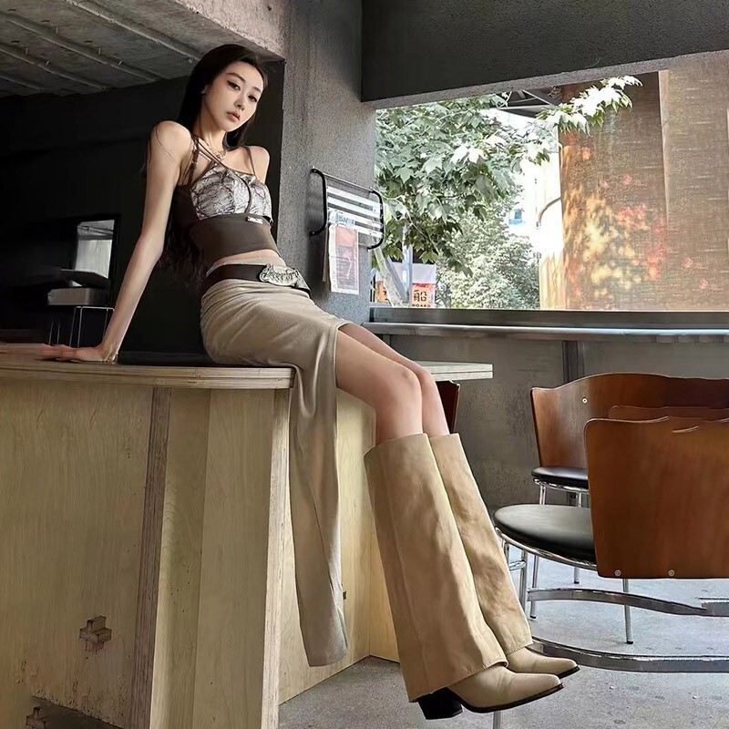 Women Pointed Toe High Fashion Sexy Mid Heels Shoes Woman Chunky Trend Boots Pumps Elegant Mujer Snow Goth Botas