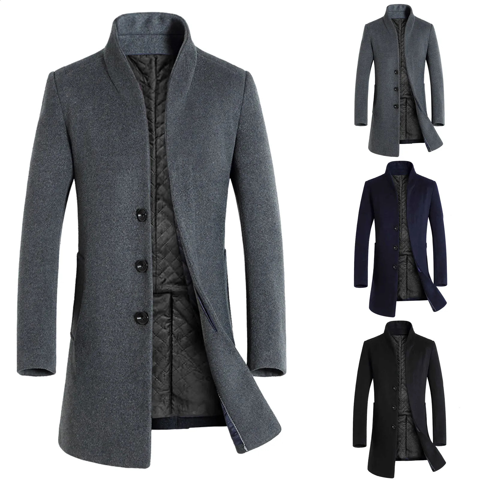 Winter Jacket Men Stand Collar Overcoat Singlebreasted Long Trench Coat Cardigan abrigo hombre Mens Casual Coats 241202