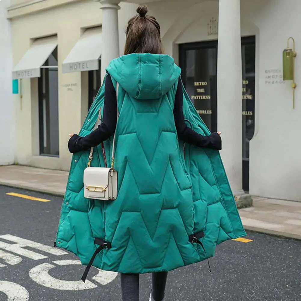 Winter Women Waistcoat Thickened Padded Hooded Sleeveless Long Vest Coat Solid Color Windproof Heat Retention Outdoor Down 241205