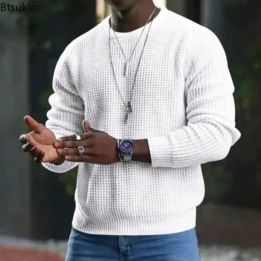2025 Mens Waffle Knitted Sweaters Solid Loose Casual Oneck Pullover Tops Spring Autumn Long Sleeve Sweatshirt Male Sweater 241205