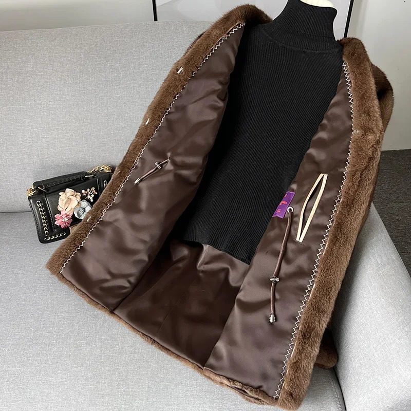 Full mink Coat Womens Velvet Mink Medium Long Hair Leather Jacket Womens Winter Jacket Lace Elegant Womens Top FCY 241202