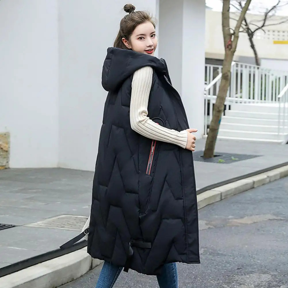 Winter Women Waistcoat Thickened Padded Hooded Sleeveless Long Vest Coat Solid Color Windproof Heat Retention Outdoor Down 241205