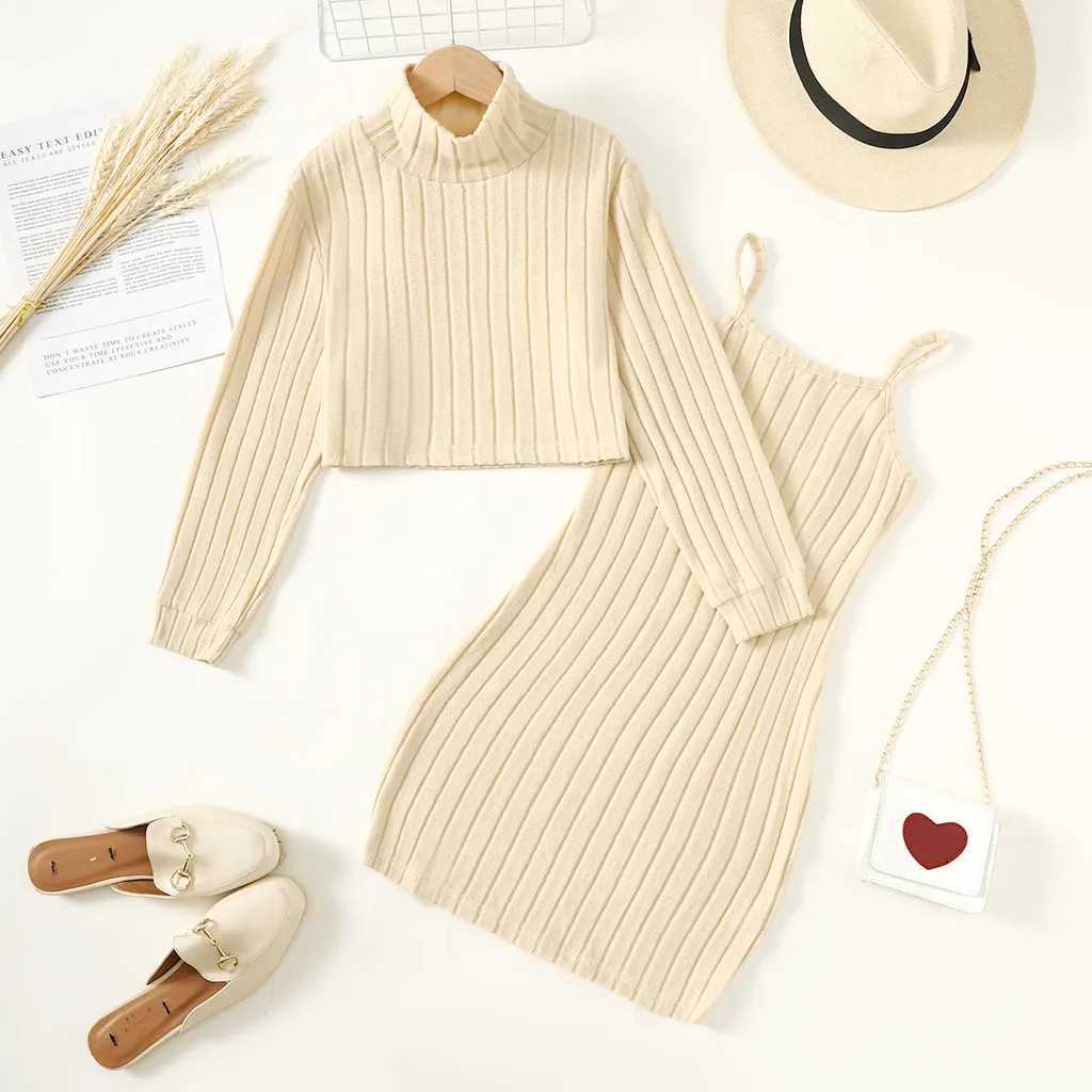 8-14 Years Children Girl 2PCS Clothes Set Solid Long Sleeve Knited Top with Sling Hip Wrap Dress Kid Autumn Elegant Par OutfitXJ241206