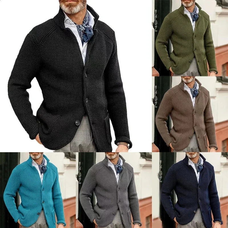 Mens Thicken Knitted Cardigan Sweater Autumn Winter Solid Color Fashion Slim Longsleeved Standup Collar Knitting Jacket Coat 241205Z