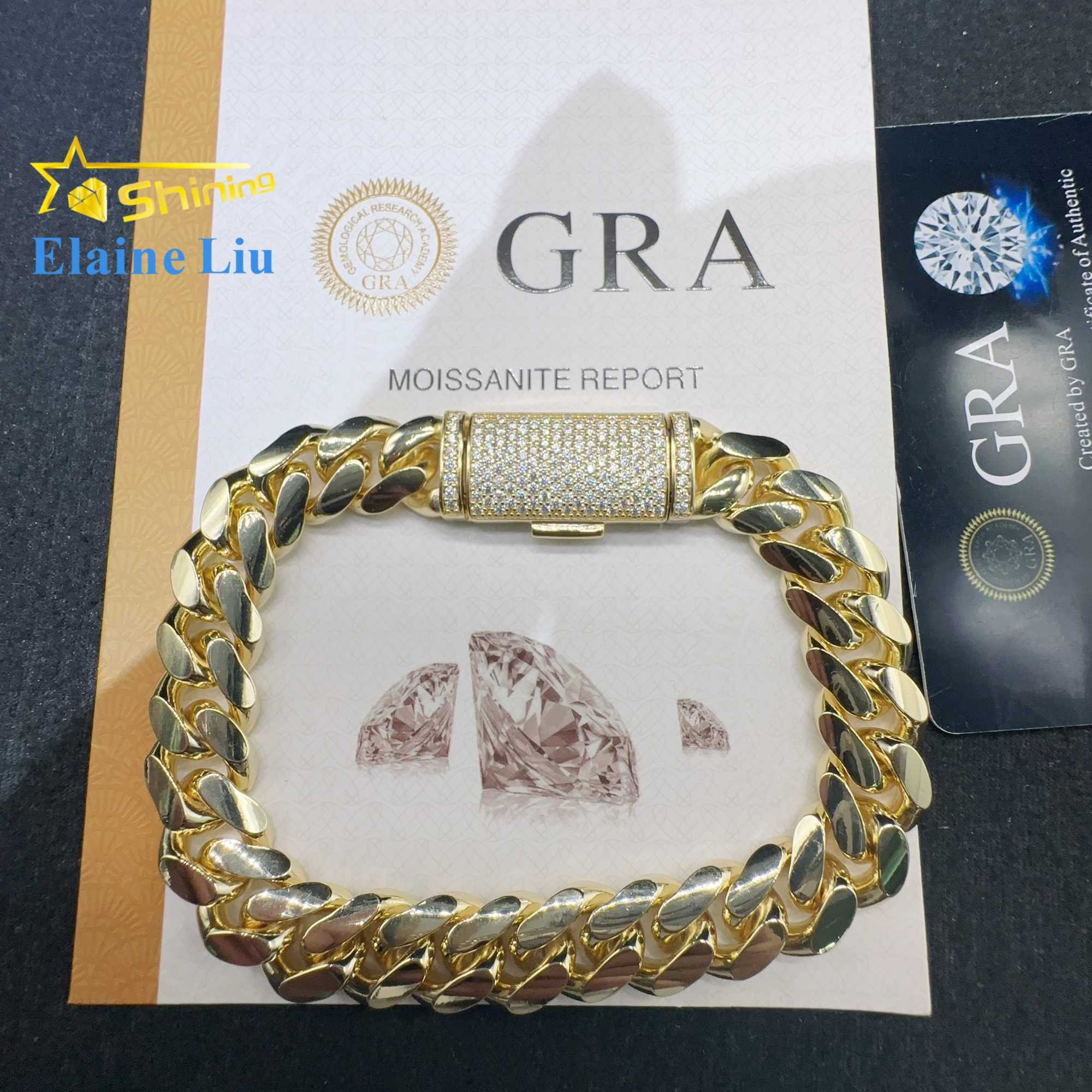 Fashion Sterling Silver 925 VVS Moissanite Lab Diamond Clasp Hip Hop Jewelry 14K Real Gold Plated Cuban Link Chain Bracelet