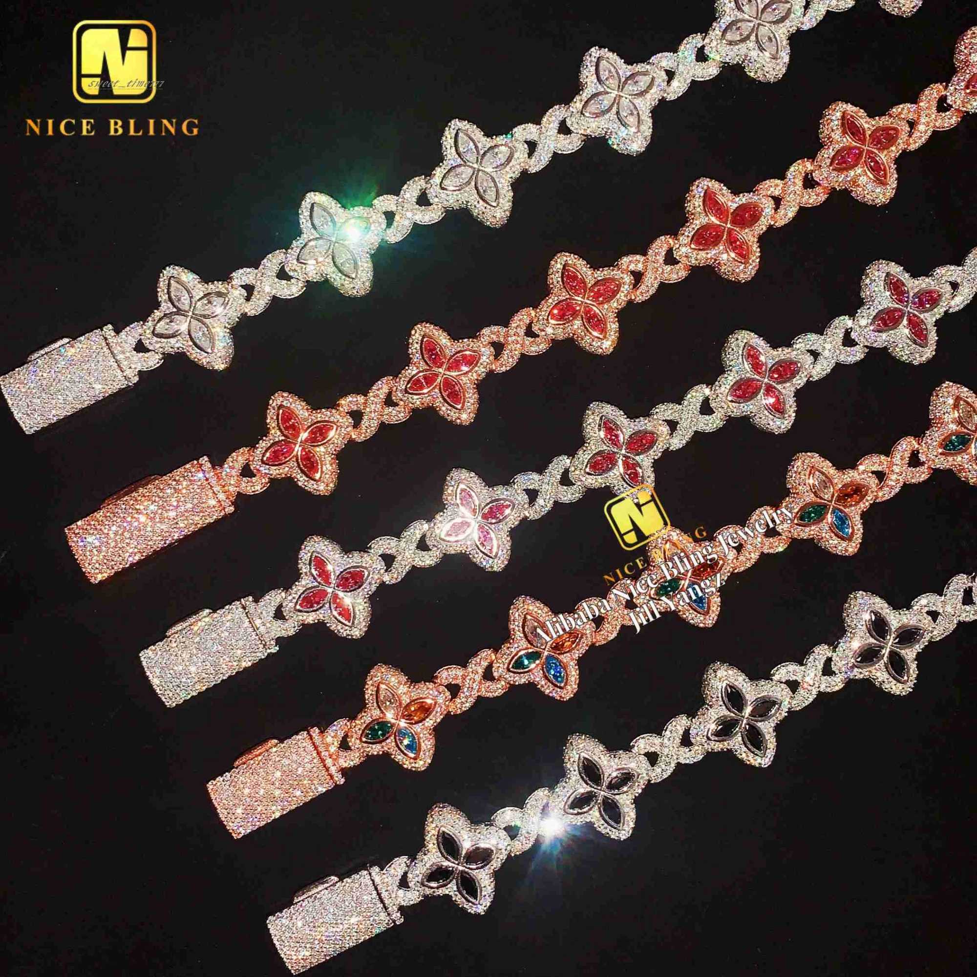 Multiple Options Color Moissanite Flower Cuban Bracelet Ready Stock Hip Hop Fancy Diamond Cuban Link Chain Moissanite 925 Silver