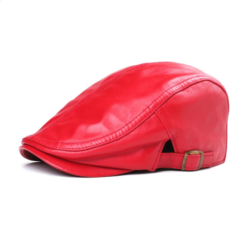 Leather Peaked Cap Mens Spring Single White/Red Thin Boina Unisex Casual True Soft Sheepskin Hat Mens Fashion Beret 241204