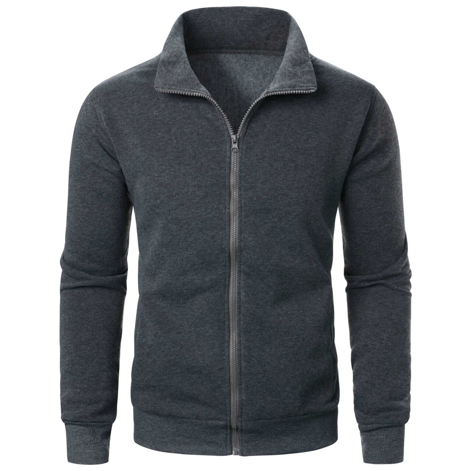 Mens casual sports zipper stand collar hoodie coat mens solid color cardiganXJ241206