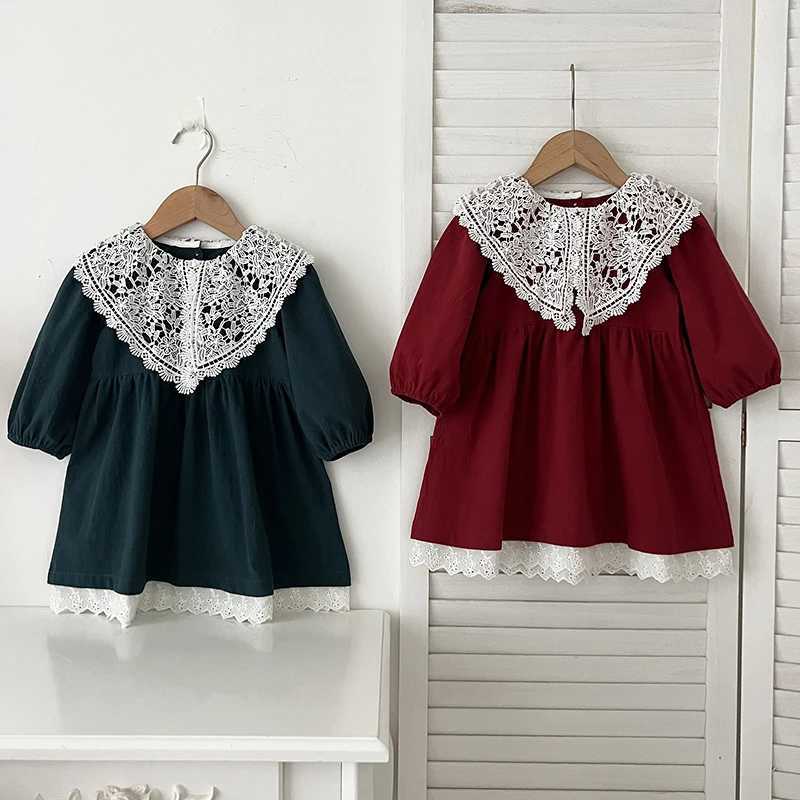 Sprint Autumn Children Dress Girl Lace Collar Dress Long Sleeve Rural Princess Clothing Toddler Casual Outdoor Korean ClothesXJ241206
