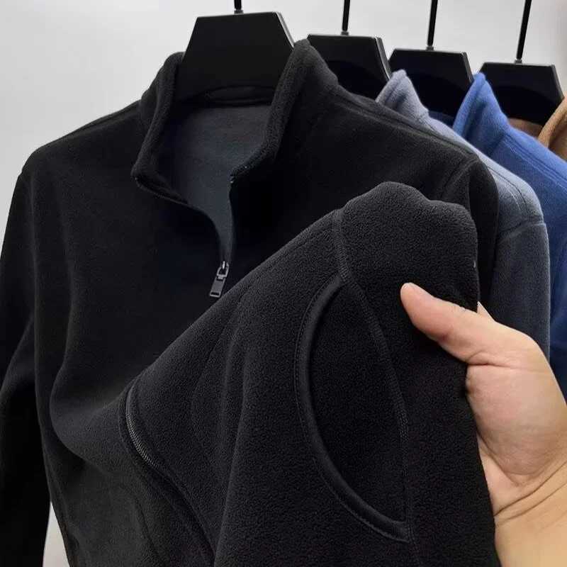 Autumn Polar Fleece Cardigan Sweatshirts Mens Stand Up Collar Zipper Jackets Y2K Vintage Solid Color Coats Basic TracksuitXJ241206