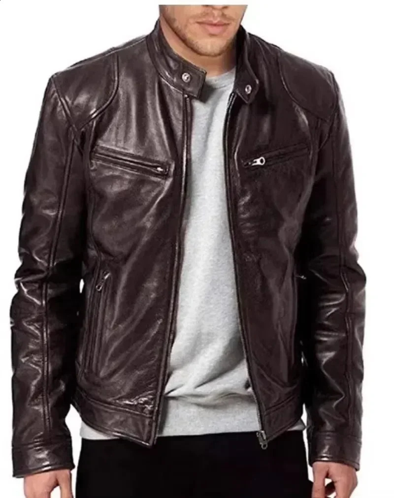Mens Standup Collar Jacket Autumn and Winter Leather Zip Biker Leisure Slim 241202