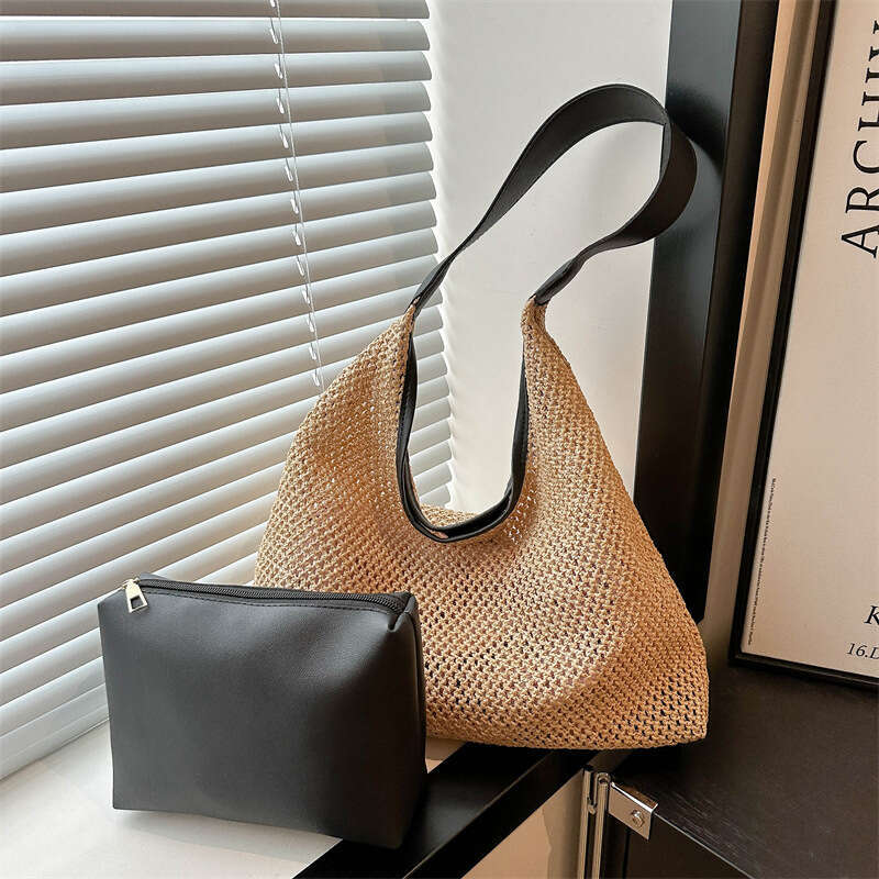 Vintage Tote Straw Woven Large Capacity Underarm Single Shoulder Women's Vacation Style Beach Mother Bag, Fashionable Quality, Classic B2