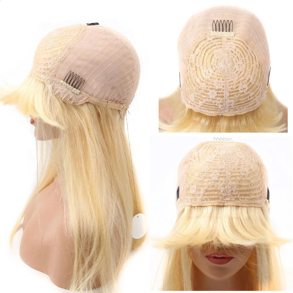 613 honey blonde straight wig with bangs Remy hair edge wig womens 180% full density machine wig with bangs 241206