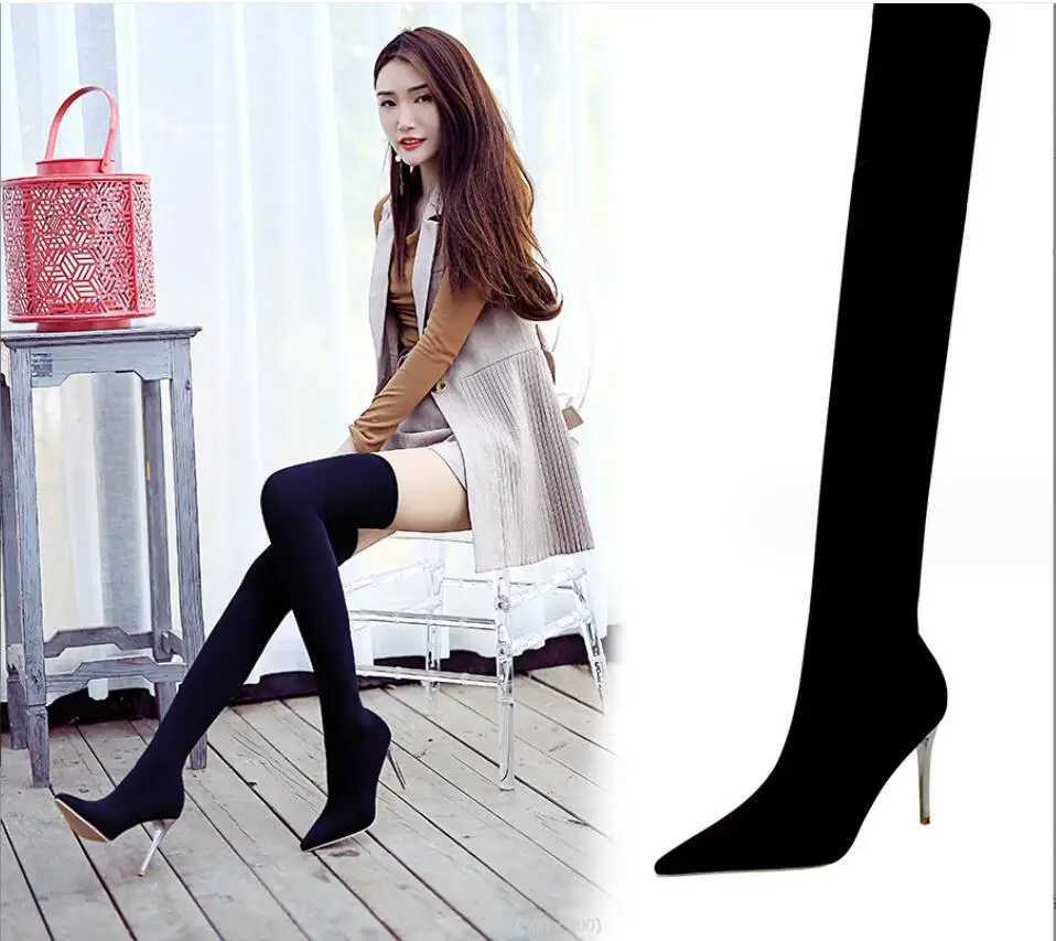 High Quality Fi Streh fabric socks and boots large-sized dot heel knee high thick high lace elastic socks and boots T241206