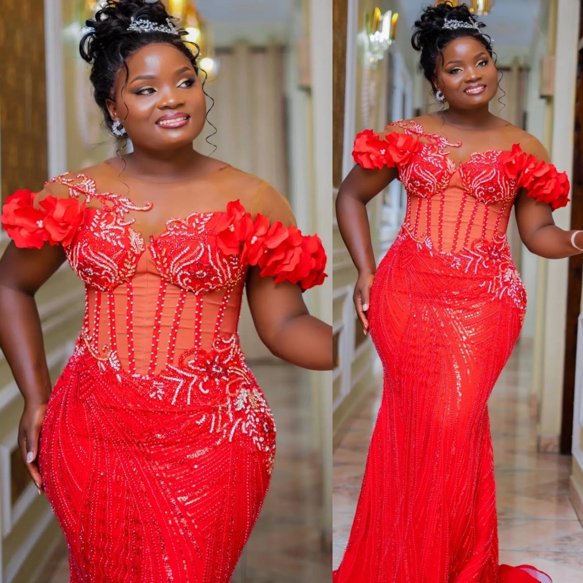 Red Mermaid Prom Dresses 2025 Flowers Beaded Sequined Lace Evening Formal Party Second Birthday Engagement Gowns Plus Size Dress For Special Occasions