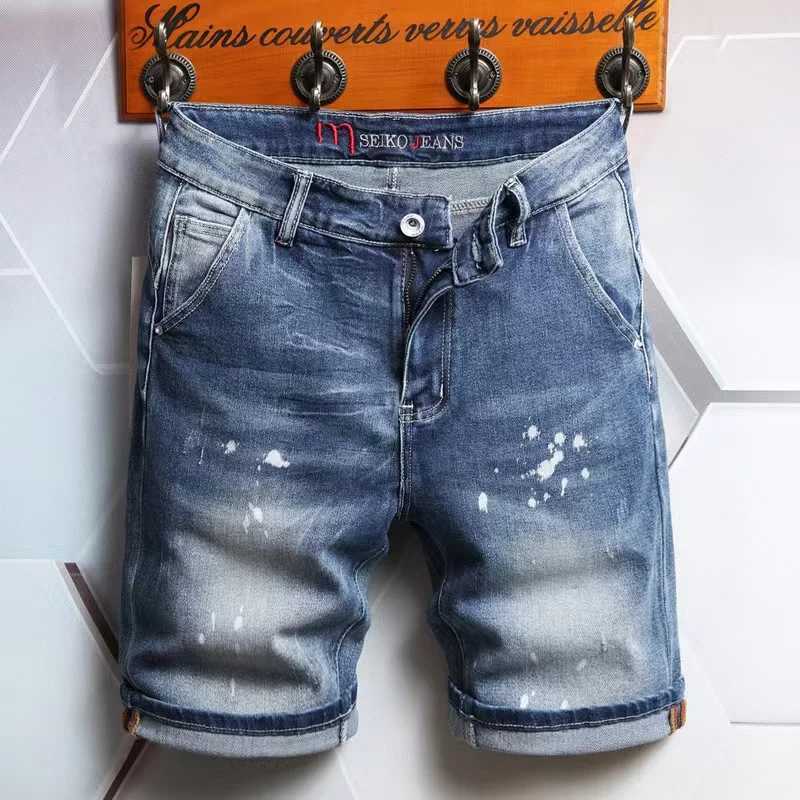 New Design Summer Men Denim Shorts Straight Stretch Casual Mid-waist Washed Cotton Fashion Vintage Spliced Male Jeans ShortsXJ241206