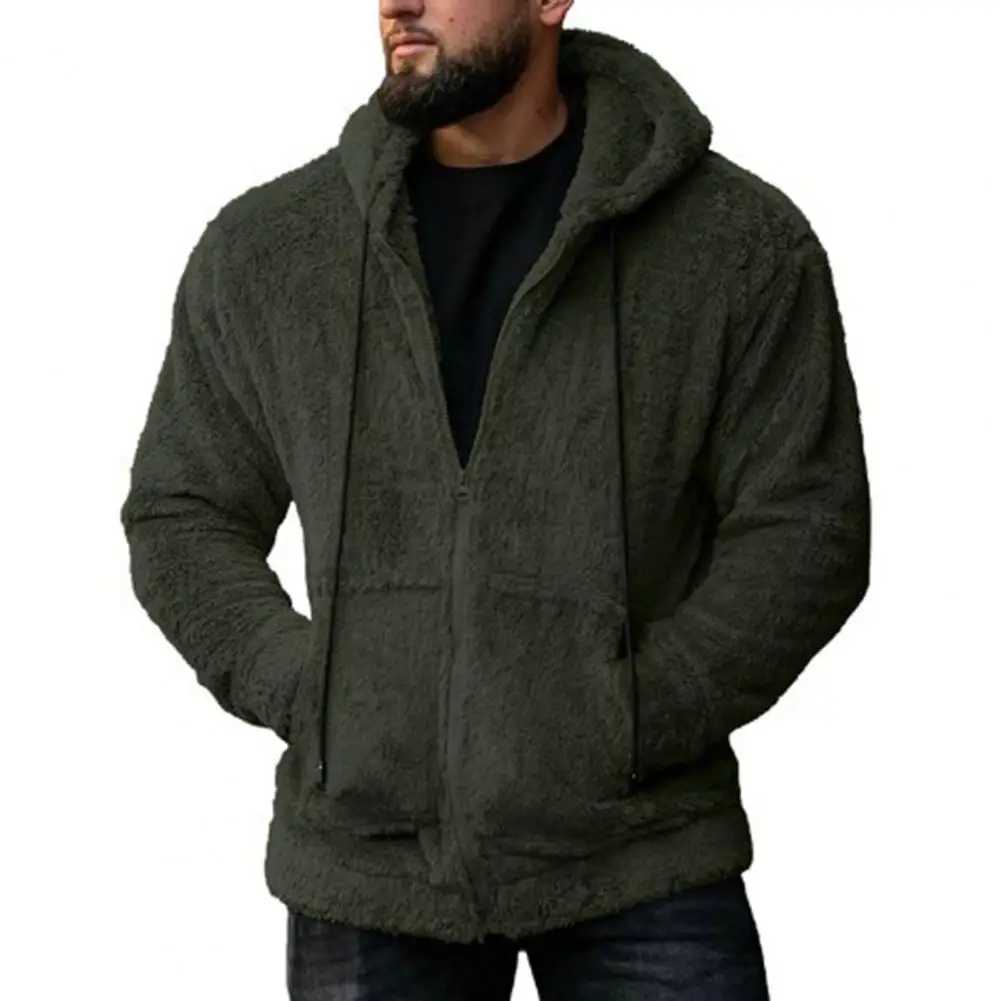Men Plush Coat Stylish Mens Winter Coat Hooded Plush Casual with Zipper Closure Pockets Zipper Men CoatXJ241206