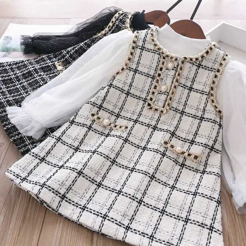 2022 New Girls Two-piece One-piece Dress for Girls Little Fragrance Western Sle Plaid Dress for Spring and AutumnXJ241206