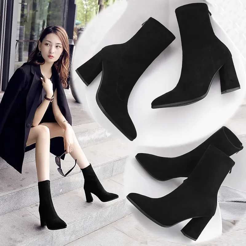 High Quality Ankle Chunky High Heel Sock Boots Wen Autumn Fi Pointed frosted suede short boots Fem Pumps sexy warm boots T241206