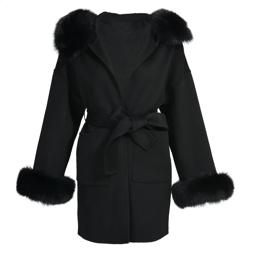 Jxwatcher Wool Coat and Blends Fashion Medium Length Cashmere Jacket Hooded 100 Real Fur Collar Cuffs Winter for Women 241205