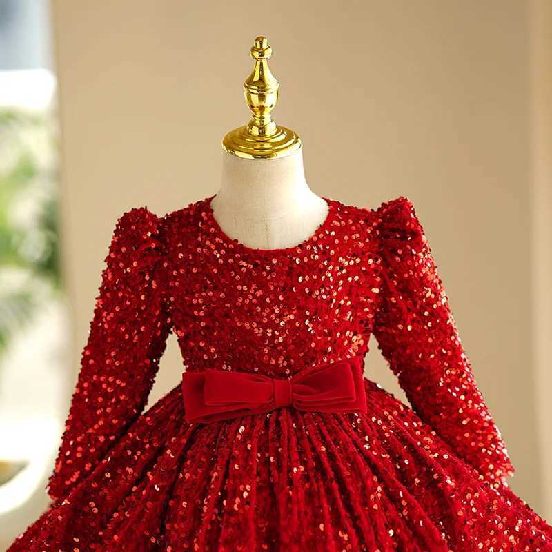 Long Sleeve Fashion Red Princess Ball Gown For Girls Sequins Bow Design Birthday Par Wedding Dress g170XJ241206