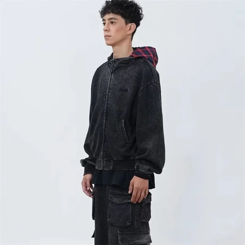 Autumn Plaid Zipper Hoodie Mens Sweatshirt Y2K Retro Street Clothing Patch Work Jacket Womens Harajuku Fashion Hoodie Coat 241205