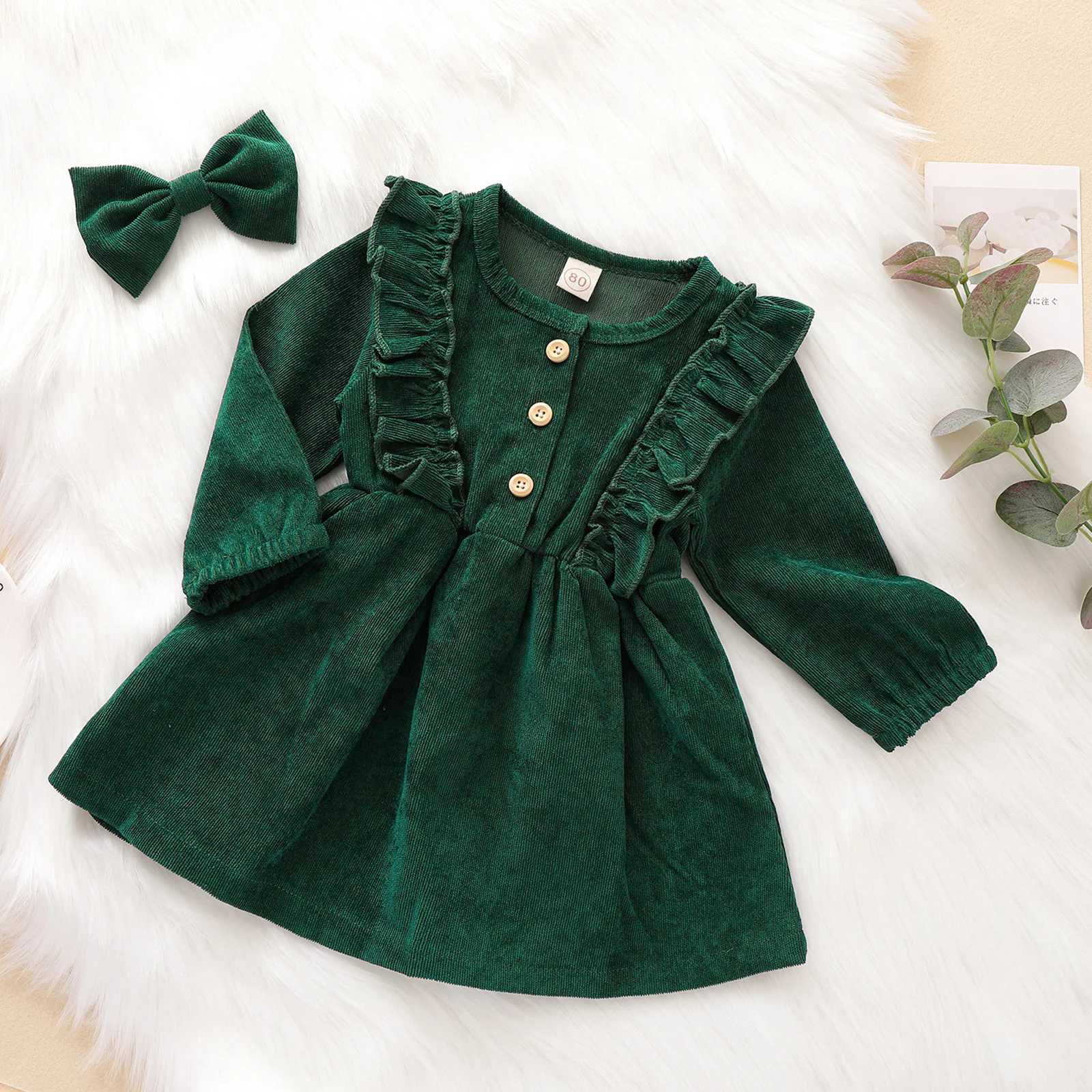 0-5Y Kids Girls Casual Corduroy Dress Baby Fall Winter Clothing Long Sleeve Ruffle A-line Princess Dress Headband OutfitsXJ241206