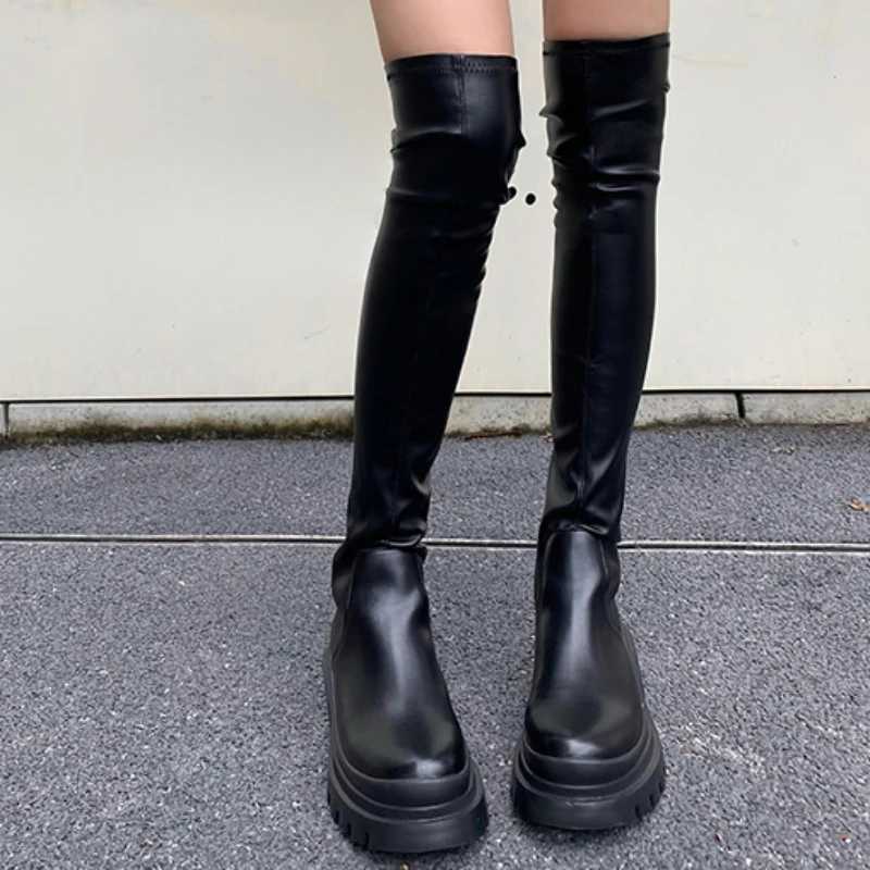 High Quality Wans Over the Knee leather zipper thin elastic flat Botted Lg high tube elastic platform boots T241206
