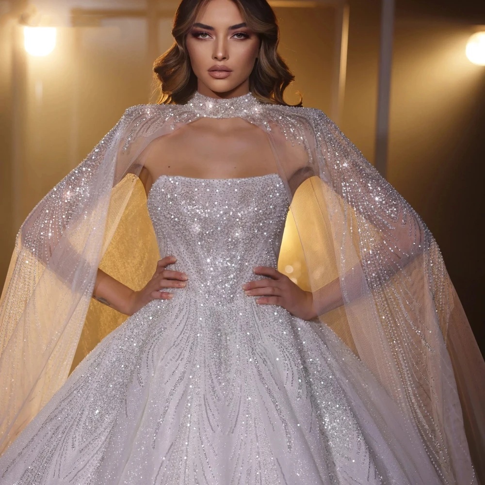 Sexy Strapless Backless Bridal Dress Sparkly Sequins Pearls Wedding Organza Ball Gown Bride Robe Vestido De Novia