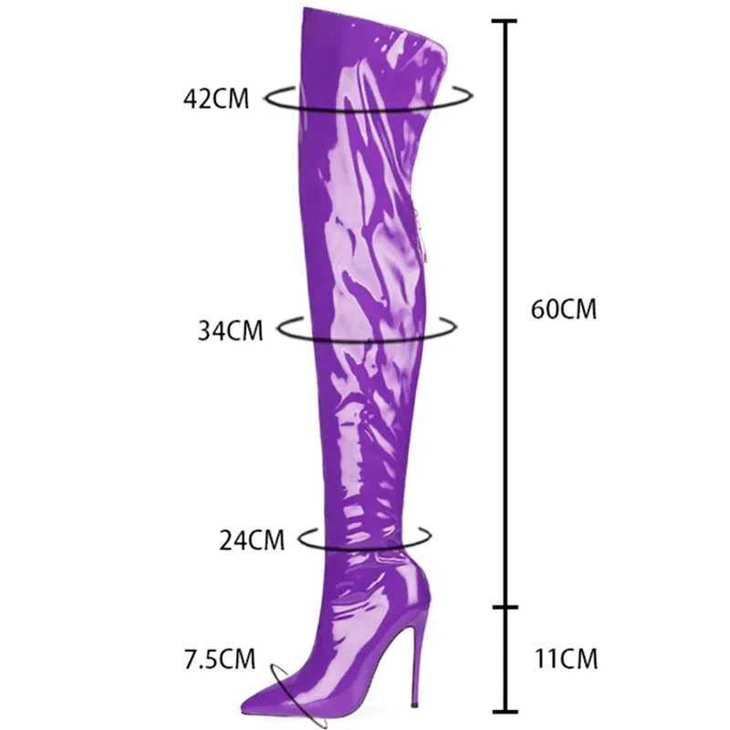 High Quality Womens shiny PU striped boots 11CM super knee boots spring/summer new item Pointed Toe back zipper womens Lg boots T241206