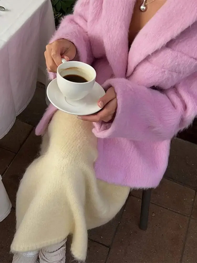 Fashion Pink Lapel Long Sleeve Blazer Jacket Warm Thick Single Breasted Loose Outwear Office Lady Commute Streetwear 241205