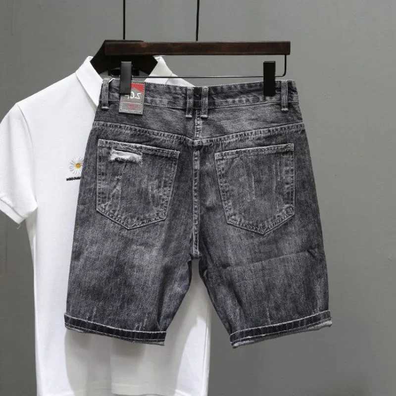 Short Jeans Pants For Men Gray Graphic Man Denim Shorts Original Harajuku Y2k Designer Cut Summer Wide With Korean Style New InXJ241206