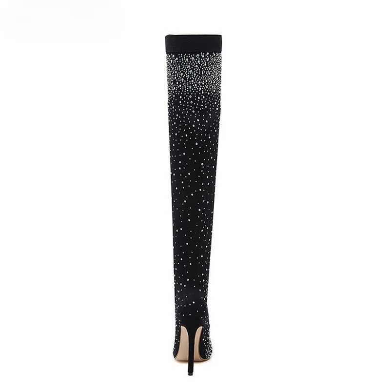 High Quality Sexy high H socks knee boots Pointed Toe Design crystal Rhine stretch fabric Pole Dancing Wen Shoes T241206