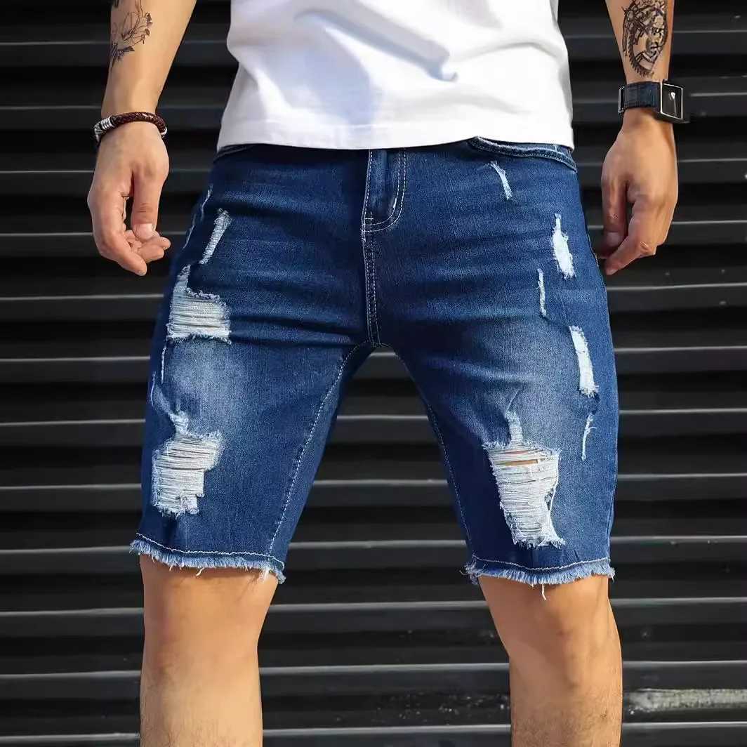 Summer Mens Holes Slim Fit Five Point Denim Shorts Elastic Waist Fashion Baggy Straight Cargo Shorts JeansXJ241206