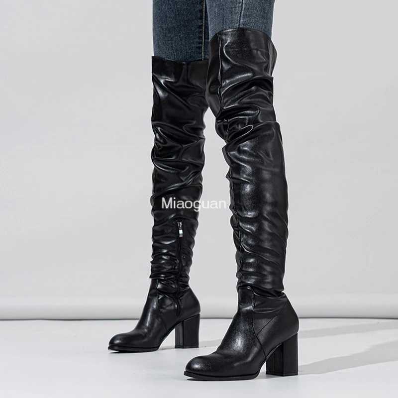 High Quality Black high-quality soft wrinkled leather knee strap boots Fi zipper round toes block shaped square H motorcycle shoes T241206