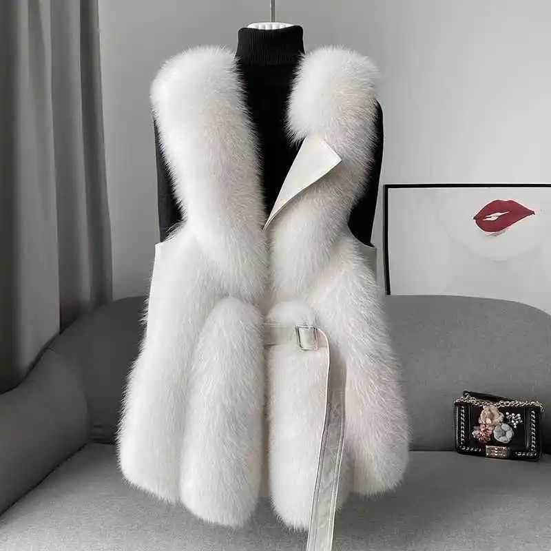 New Imitation Fur Vest With Belt Womens Slim Fit Fashion V-shaped Collar Solid Color Jacket Thickened Sveless Warm TopXJ241206